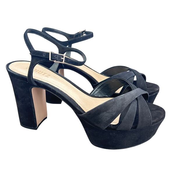 Schutz Keefa Platform Strappy Sandal Heels Black Nubuck Leather Womens Size 9 B - Picture 1 of 10
